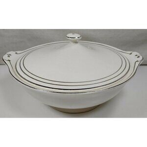 Vintage Grecian Ivory By Paden City Silver Trim White Serving Bowl With Lid